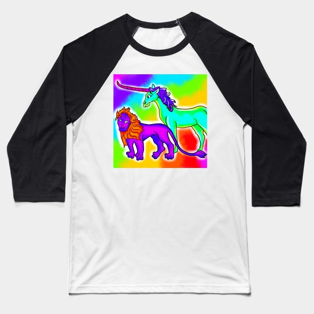 Medieval Derpy Lion and Unicorn Bad Medieval Art Trippy Rainbow Frank 90s Style Baseball T-Shirt by JamieWetzel
